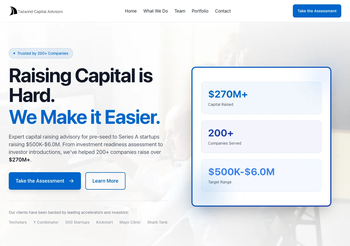Tailwind Capital Advisors startup advisory website built by Web Builder Pro